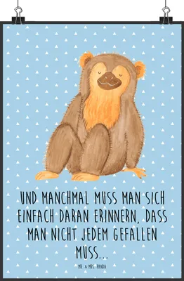 Produktbild von Mr. & Mrs. Panda Bild Affe DIN A2 - Blau Pastell - Geschenk, Plakat, Liebe, Motivation, Wandbild, Afrika, Selbstbewusstsein, Selbstliebe, drucke, Affen, wanddeko