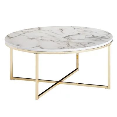 Produktbild von Couchtisch 80x36x80 cm mit Marmor Optik Weiß, Wohnzimmertisch mit Metall-Gestell, Sofatisch Rund Tisch Wohnzimmer, Beistelltisch