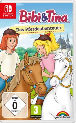 The image is a product packaging for a Nintendo Switch game titled 'Bibi & Tina das Pferdeabenteuer'. It features cartoon characters Bibi and Tina with horses, along with game rating symbols.