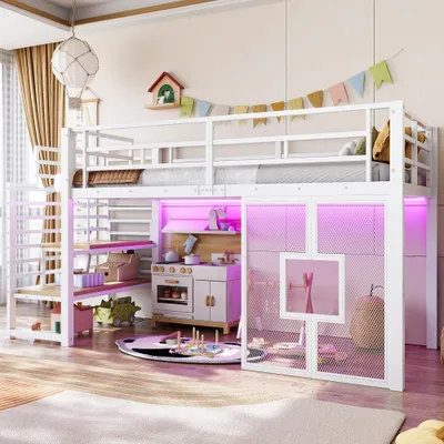 Produktbild von Hochbett aus Metall mit Treppe, Stauraum, LED-Beleuchtung, Fenster, Weiß, 90 x 200 cm