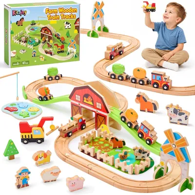 Image de Jouets pour enfants de 3, 4, 5, 6 ans, garçons et filles, ensemble de train en bois de 57 pièces, couleur verte