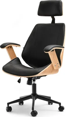 A black office chair with wooden accents, shown against a white background.