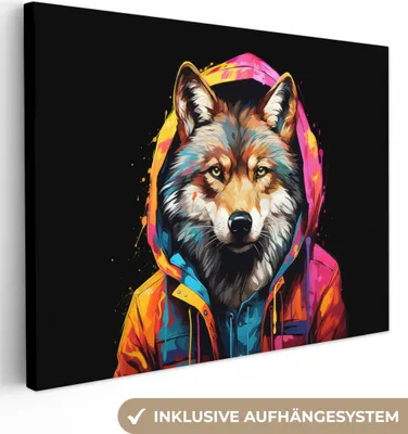 Obrázok produktu pre MuchoWow® - Plátno - Graffiti - Vlk - Bunda - Čierna, nástenná maľba, nástenné dekorácie obrazy obývacia izba, 120x90cm