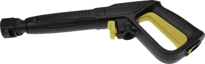 A black and yellow pressure washer gun is shown against a white background.