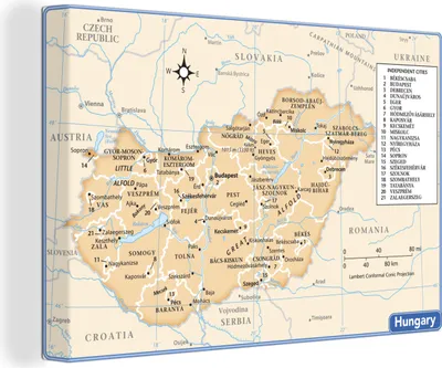 Obrázek produktu pro OneMillionCanvasses® - Obraz na plátně - 140x90 cm, Mapa Maďarska, Nástěnná umělecká dekorace - Fotografie na plátně - Obraz na dřevěném rámu