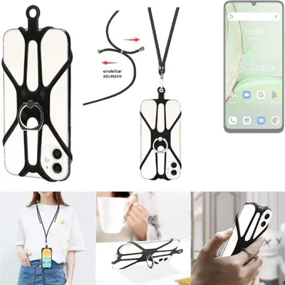 Produktbild von K-S-Trade 3in1 Handykette Handyband Handykordel Halsband Smartphone-Ring Handy-Ring kompatibel mit UMIDIGI G9C Fingerhalterung Handyring Tischständer