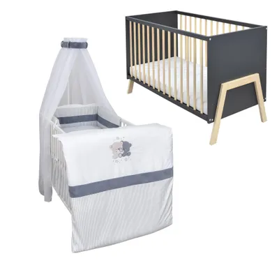 Produktbild von Babybett Kinderbett Gitterbett Juna 60x120 Anthrazit Schutzgitter Matratze Bettwäsche Set 10tlg  Loving Bears