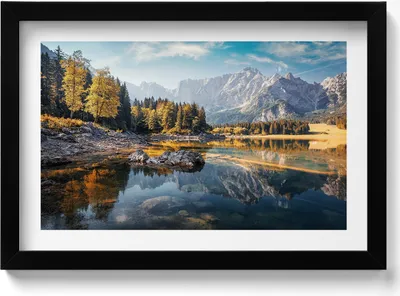 Produktbild von Schöne Berglandschaft mit See– Wandbild mit Rahmen – Gerahmtes Bild  – Wanddekoration – 30x20 cm –  Schwarz Rahmen