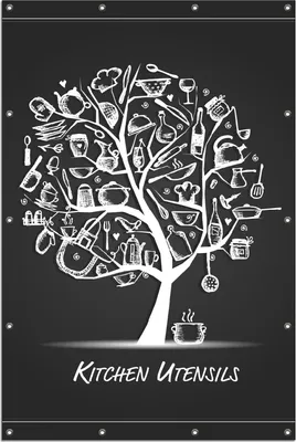Produktbild von Wallario Outdoor-Poster für Garten oder Balkon, Motiv Kitchen Utensils - Baum aus Küchenutensilien in schwarz weiß, in ca. 120 x 180 cm
