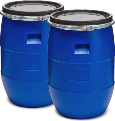 Two blue plastic barrels are shown against a white background.