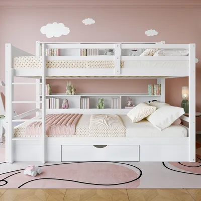 Produktbild von MODFUEtagenbett Kinderbett 90x200cm mit Schubladen,Hochbett mit Rausfallschutz, Holzbett,Einzelbett Jugendbett Bettgestell,Ohne Matratze,Weiß
