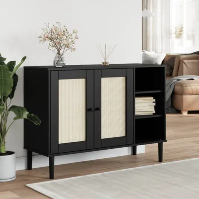 Produktbild von Möbel Sideboard SENJA Rattan-Optik Schwarz 112x40x80 cm Kiefernholz - Kommoden &35980