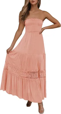 Produktbild von ASKSA Damen Sommer Kleider Bandeau Kleid Lang Schulterfreies y TraeGerlos Off Shoulder RueCkenfrei Spitzenbesatz Maxikleid (Wassermelonenrot,L)
