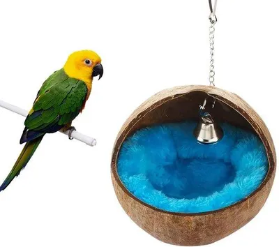 Produktbild von Ibenzoa® Vogelnest aus natürlicher Kokosschale mit Plüschkissen, Ø ca. 13 cm, stabile Eisenkette – Hängeschlafplatz für Papageien, Wellensittiche, Kanarien & Kleintiere