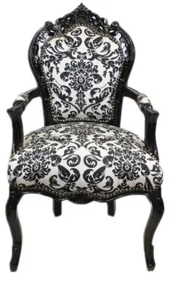 Produktbild von Casa Padrino Barock Esszimmer Stuhl Blumen Muster Schwarz / Weiß mit Armlehnen
