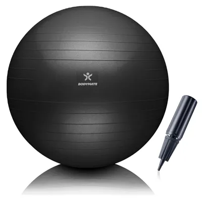 Zdjęcie produktu dla Piłka do ćwiczeń BODYMATE, piłka do siedzenia, piłka treningowa z darmową e-bookiem, w zestawie pompka, piłka do fitness, jogi, gimnastyki, treningu mięśni brzucha, wzmacniania pleców, idealna jako krzesło do biura, kolor antracyt, 65 cm