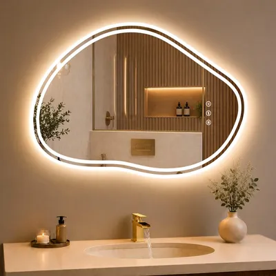 Produktbild von GIMBELEN LED-Badspiegel, asymmetrisch, 80 x 53 cm, 3 Lichtfarben, dimmbar, Touch-Schalter, beschlagfrei, Silber