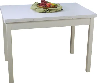 A table with a fruit bowl on top, isolated on a white background.