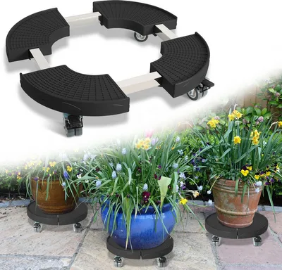 Produktbild von Jayseuw Pflanzenroller Rund Ø 38-54 cm Pflanzenroller Außenbereich Einstellbare Blumenroller Rollbrett Pflanzentrolley bis 200 Kg Schwarz