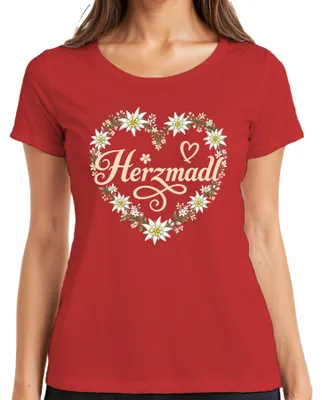 Zdjęcie produktu dla Herzmadl Edelweiss, koszulka damska, motyw edelweiss, styl bawarski, idealna na , skórzane spodnie (lederhosen) i sukienka (dirndl), kolor czerwony, rozmiar XXL