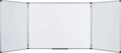 A tri-fold whiteboard on a white background.