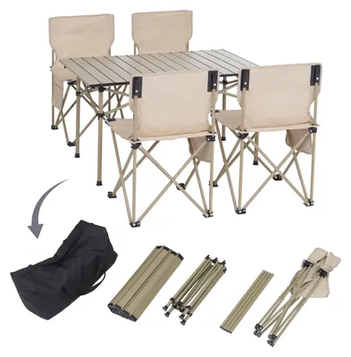 Produktbild von Campingset HWC-Q39, Tisch 4x Stuhl Klappstuhl Anglerstuhl faltbar, Metall Stoff  creme