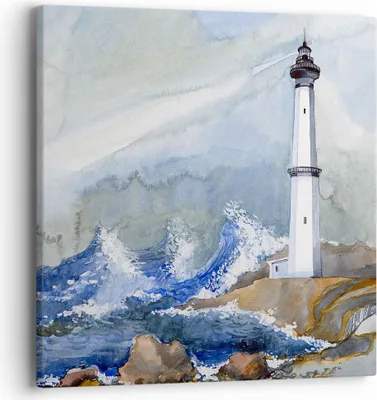 Produktbild von Bild auf Leinwand - Leinwandbild - Leuchtturm Wasser Illustration Welle - 40x40cm - Wand Bild - Wanddeko - Leinwanddruck - Bilder - Kunstdruck - Leinwand bilder - Wandkunst - AC40x40-2997