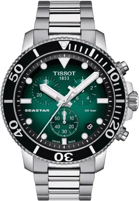 A close-up, front-facing studio shot of a Tissot Seastar 1000 Quartz Chronograph watch.