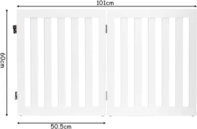 A white wooden pet gate with two panels is shown from the front. Dimensions are indicated with measurement lines and text.