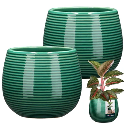 Two green ceramic plant pots are shown, with one smaller pot in the foreground containing a plant.