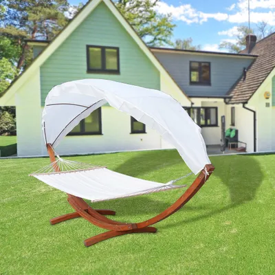 Zdjęcie produktu dla Hamak Bettizia ze stelażem 210 x 150 cm, nośność do 200 kg, z daszkiem, hamak ogrodowy, leżak wiszący, stelaż z litego drewna, huśtawka wisząca