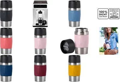 A collage of various colored travel mugs and a coffee machine, with a woman holding a travel mug.
