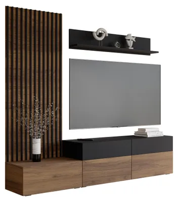 Produktbild von MIRJAN24 Wohnwand Narezi I, Stilvoll Wohnzimmer-Set, TV-Schrank, Modern Mediawand (Nuss Warmia / Schwarz), KI-generiertes Bild