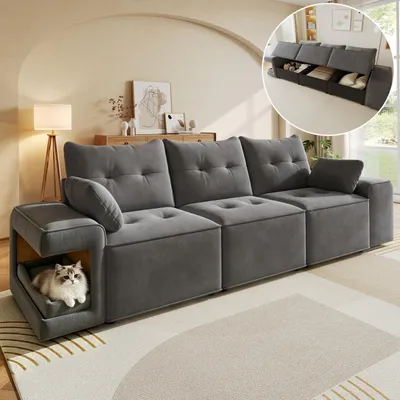 Image de Canapé 3 places Merax avec espace pour animaux, panier pour chat, canapé Cloud avec rangement, 2 coussins, canapé modulable en velours pour appartements et salons, gris