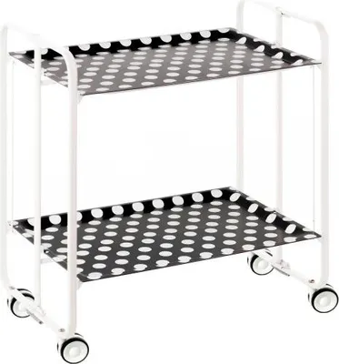 A white metal serving cart with two black shelves decorated with white polka dots, shown on a white background.