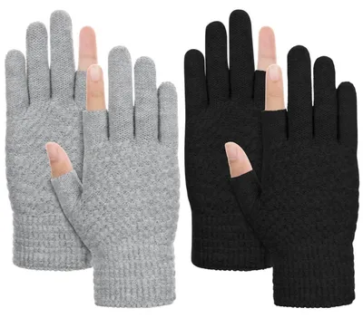 Produktbild von Fingerlose Handschuhe Damen Herren 2 Paar Winter Warm Touchscreen Kaschmirimitat Fleece Schwarz Grau