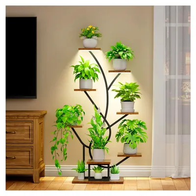 Produktbild von Pflanzenständer mit Wachstumslicht - 8-stufiges Blumenregal 126 cm aus Metall und Holz - Innen- und Außenbereich - Dekoratives schwarzes Blumenregal für Garten und Balkon