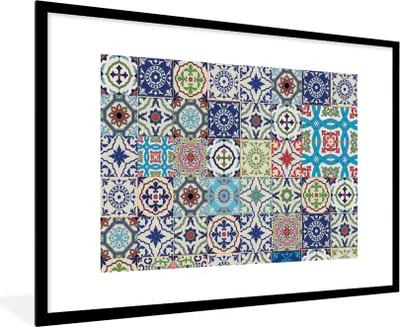 Produktbild von MuchoWow® Gerahmtes Poster Blumen - Muster - Grün - Blau 90x60 cm - Poster mit Schwarzem Bilderrahmen Wandposter Rahmen Foto Bilder - Wanddekoration - Fotos