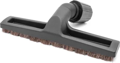 A vacuum cleaner attachment with bristles is shown from a side angle on a white background.