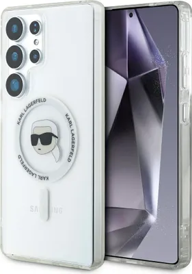 A clear product shot of a phone case with a Karl Lagerfeld design.