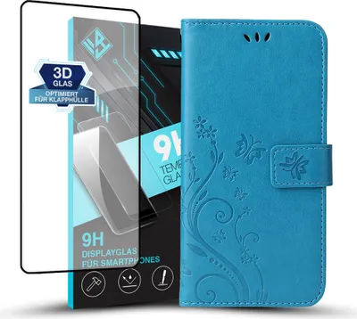 Produktbild von Handyhülle für Samsung Galaxy A55 5G mit 9H Displayglas Floral Blumen Schmetterling Flip Cover Hülle Case Klapphülle Handytasche Farbe: Blau