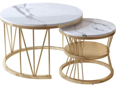 Image de Table ronde basse - Table d'appoint - Table de salon - Petite table - Lot de 2 - Structure en métal doré