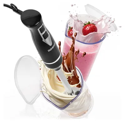 An immersion blender is shown in action, blending ingredients in two separate containers, creating dynamic splashes of liquid.