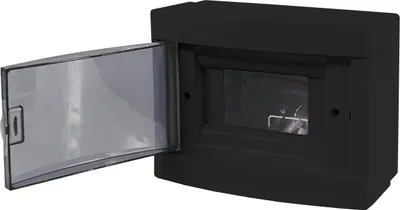 A black electrical distribution box with a clear, open door, shown from a diagonal angle against a white background.
