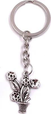 Produktbild von Onwomania Schlüsselanhänger Blumentopf mit Blume Silber Metall Anhänger Charm