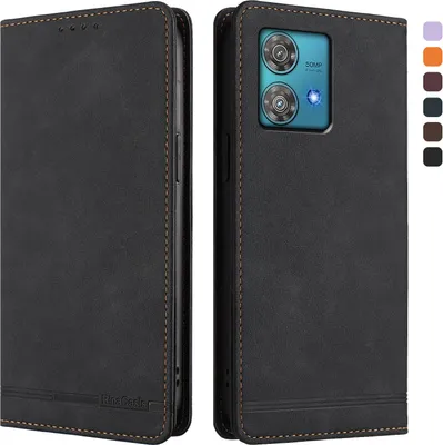 Image de Etui pour Motorola Edge 40 Neo, étui rétro en cuirPolyuréthaneavec support et fentes pour cartes de crédit Noir