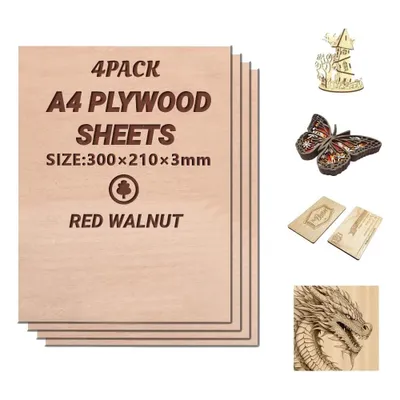 Image de 4 x A4 contreplaqué 3mm|Panneau de contreplaqué de noyer rouge-Découpes fines en bois|Lame parfaite pour scie à chantourner,pyrogravure,découpe laser,routeur CNC