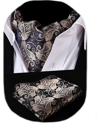 Productafbeelding van Herenset: sjaal met bloemenprint, paisley-motief, ascot-sjaal, halsdoek en zakdoek in goud/marineblauw