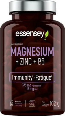 Produktbild von ESSENSEY - Magnesium + Zinc + Vitamin B6 Komplex I 404 mg Nährstoffreiche Mineralien I 120 Kapseln I Erstklassige Qualität I Vegetarier & ohne Zusätze I 60 Tagesdosen| Labor