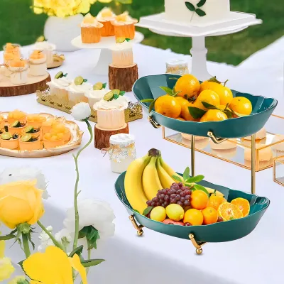 Imagen del producto de Bandeja para frutas de dos niveles para encimera de cocina, hecha de acrílico, con cuencos para servir y soporte de metal. Cuencos apilables para almacenar frutas, verduras, aperitivos, frutos secos, pasteles y postres. Perfecta para fiestas, bodas y buffets
